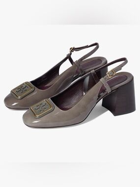 Tory Burch GeorgiaTaupe Leather Slingback Block Heels with Gold Logo